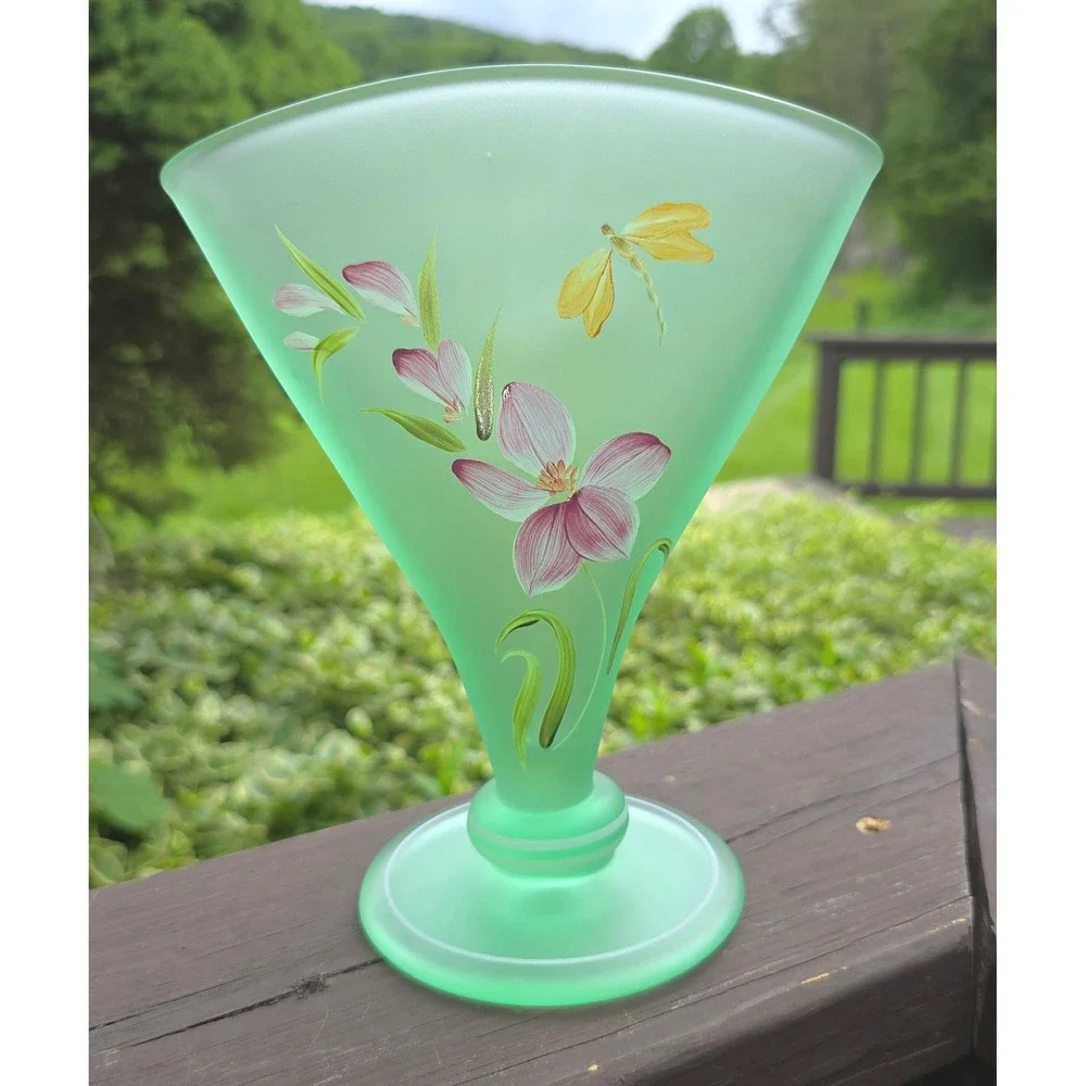 Fenton Willow Green Satin Glass Fan Vase Hand Painted Floral Dragonfly A. Rogers